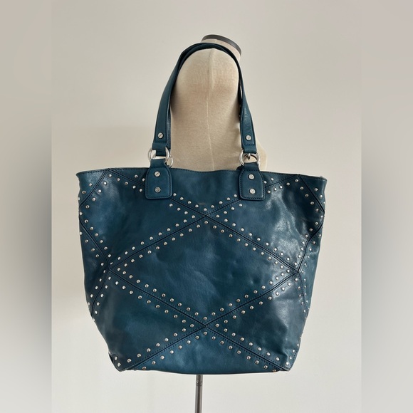 Michael Kors Astor Large Studded Blue Leather Tote Satchel Shoulder Bag Rocker - Picture 3 of 15